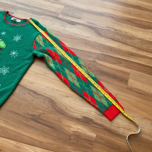 Jolly Sweaters Green Red T-Rex Dinosaur Christmas Sweater Argyle Men’s Large - Picture 6 of 11